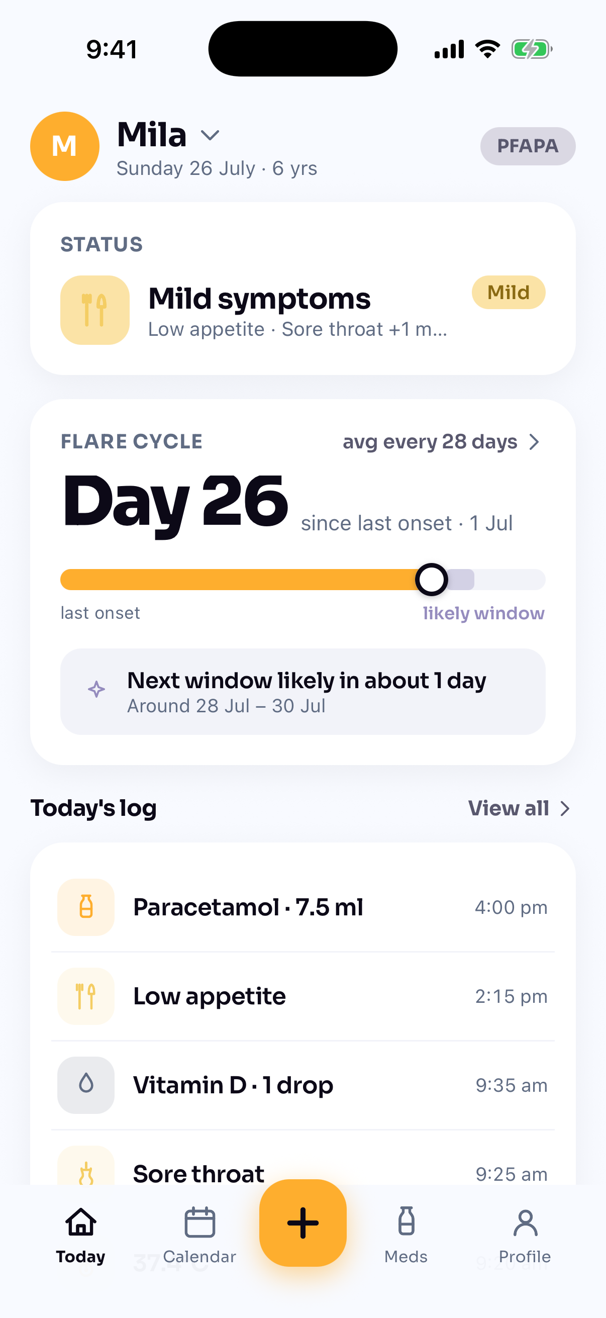 Symtrail's Today screen for Mila, age 6: a mild-symptoms status card and a flare-cycle card reading Day 26 since last onset, average every 28 days, next window likely in about 1 day.