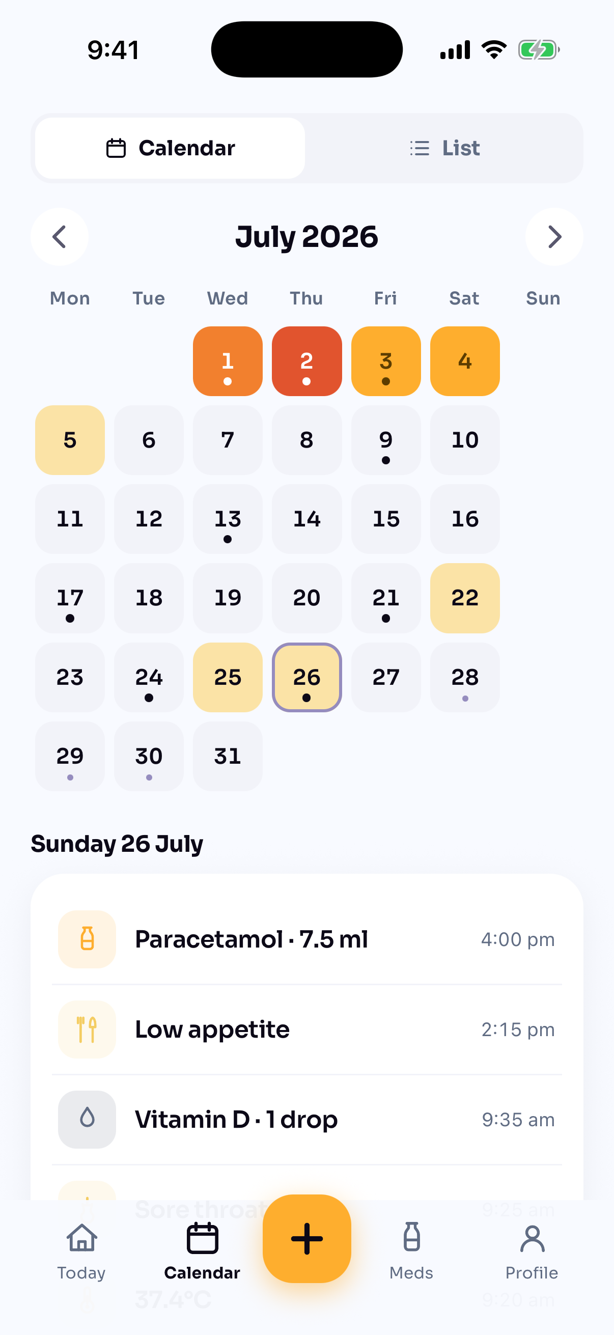 July calendar with a severity heat map: 1–4 July shown in orange and red for a flare, lavender dots on 28–30 July marking the predicted next window, and Sunday 26 July's entries listed below.