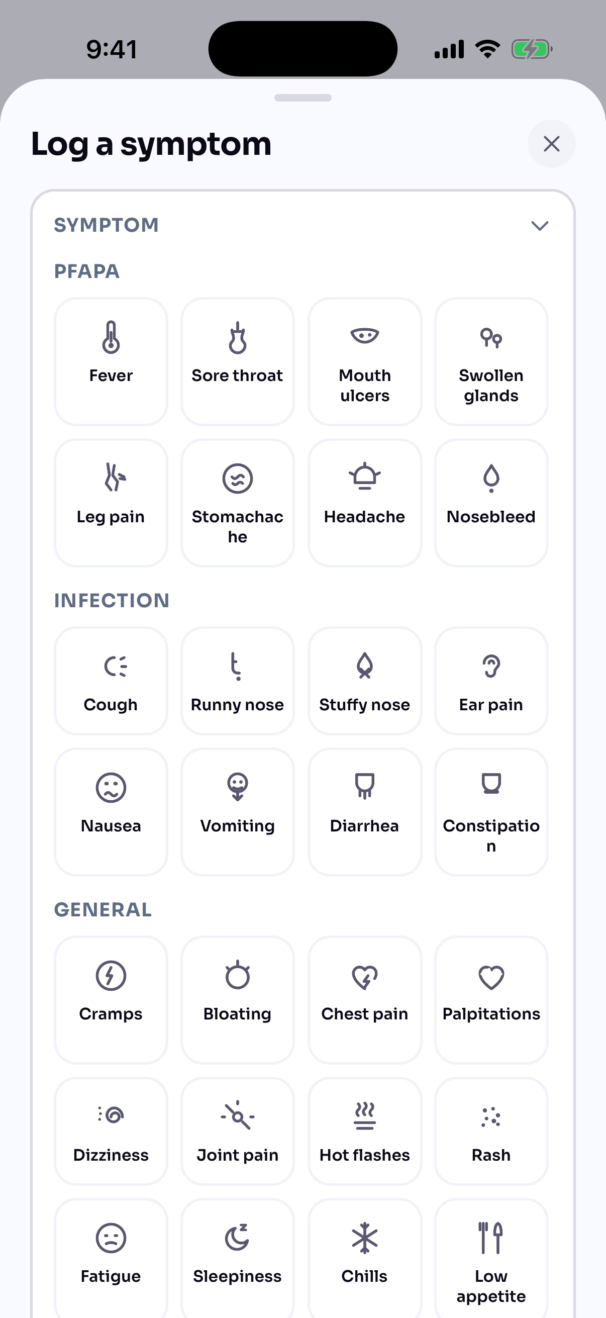 Log a symptom screen: an icon grid of symptoms grouped into PFAPA, Infection and General.
