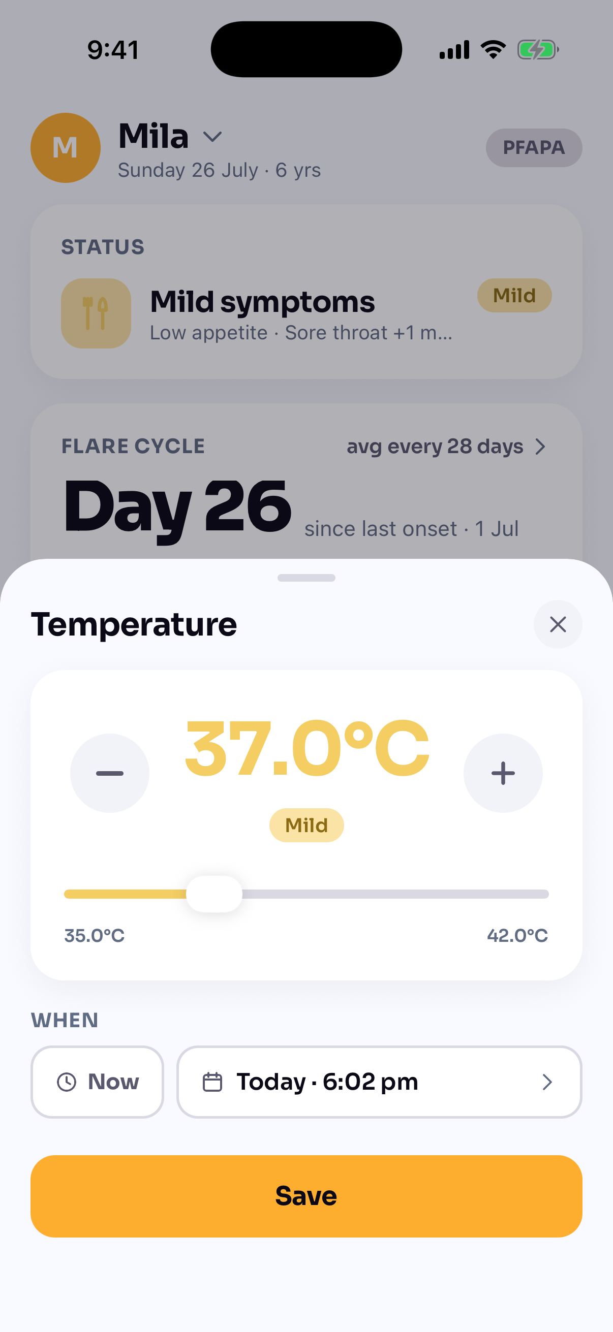 Log a temperature screen with a large 38.3°C readout, plus and minus buttons, a slider and a severity chip.