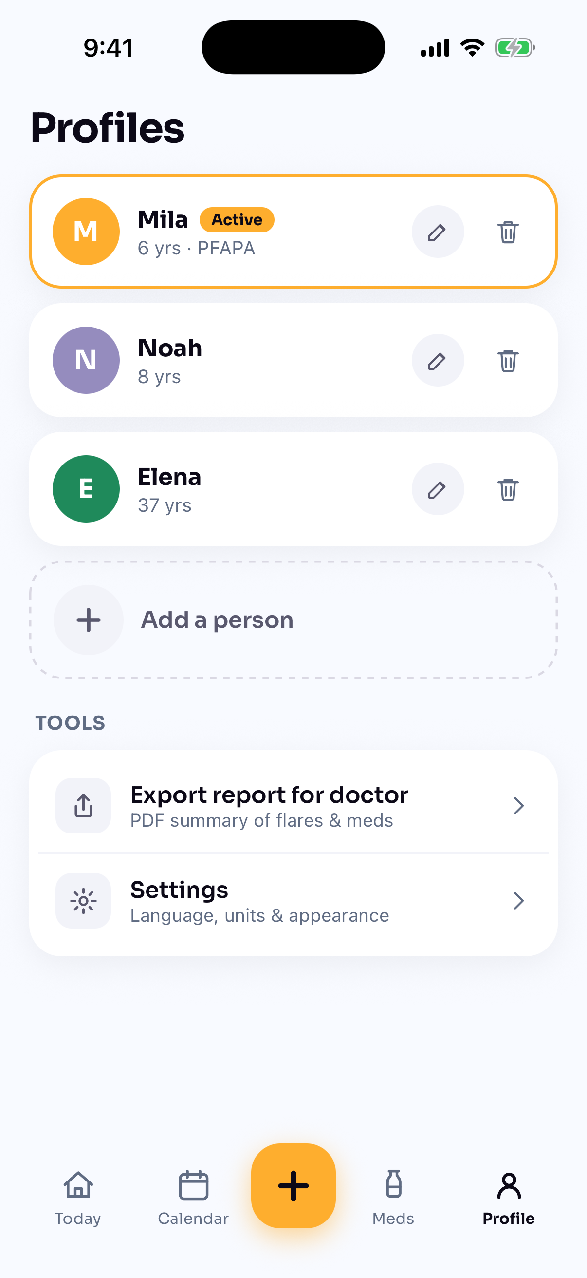 Profiles screen showing Mila, Noah and Elena, with the active profile highlighted and options to export a report or open settings.